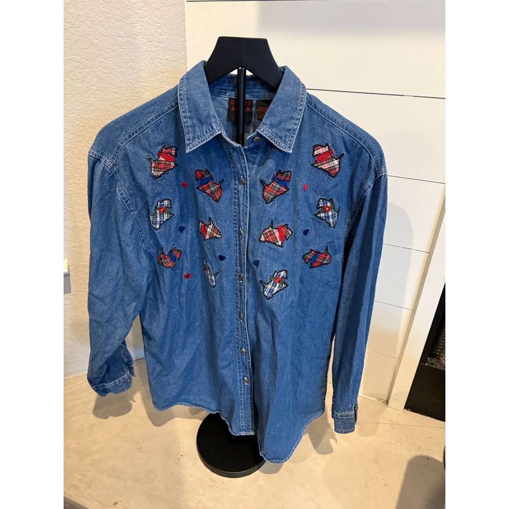 Quizz Again & Co Vintage Denim Button Down Shirt with Plaid Dog Embroidery  Sz M